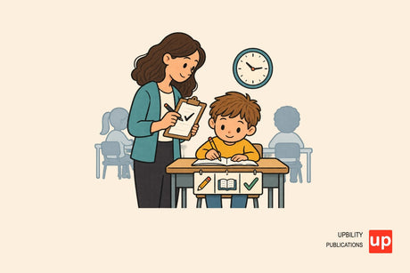 Teacher observing a pupil working with a visual task checklist in a classroom.