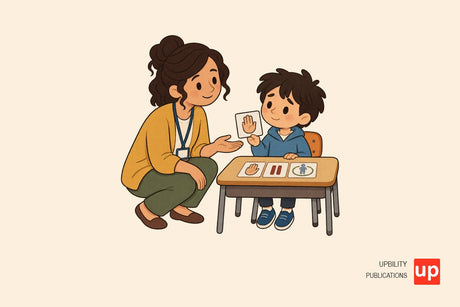A child at a classroom desk uses a small help card while a teacher listens nearby.