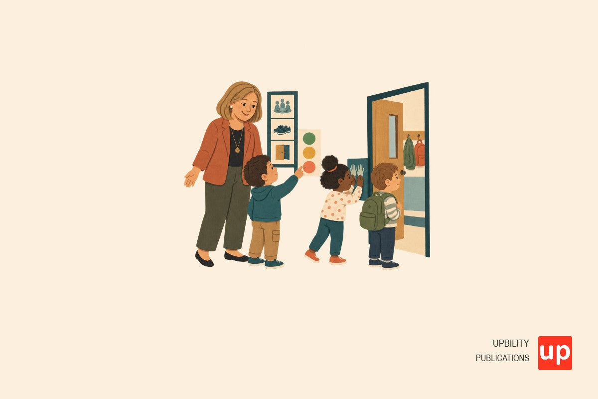 Teacher and students use a simple body check card before lining up for a classroom transition.