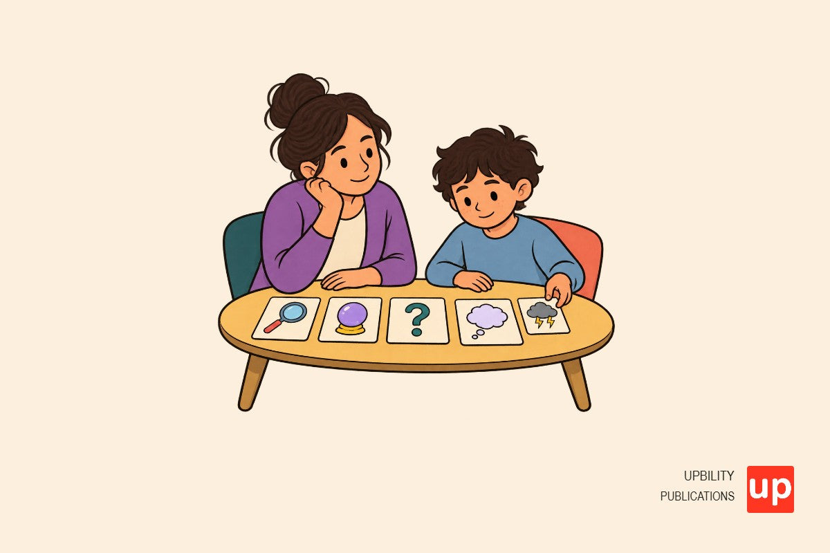 A child and adult use picture cards to sort a thought from a fact at a table.