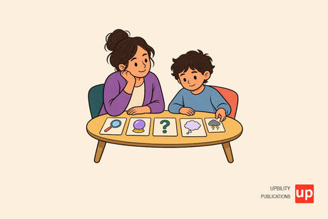 A child and adult use picture cards to sort a thought from a fact at a table.