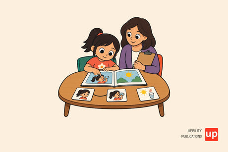 A child reads an illustrated passage at a classroom table while a teacher observes; picture cards beside the book show a character, an action, and a separate reason.