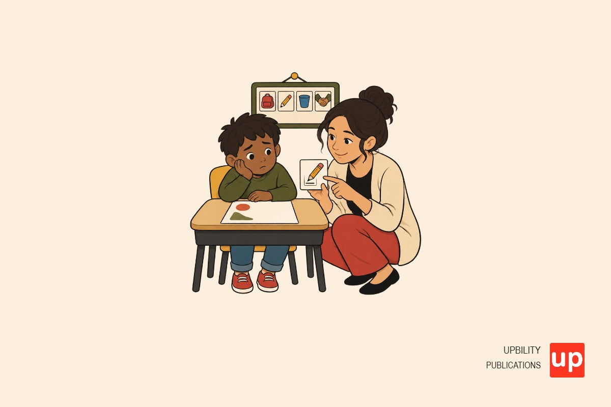 A teacher supports a child who is hesitating before a school task, using a small visual first-step card.