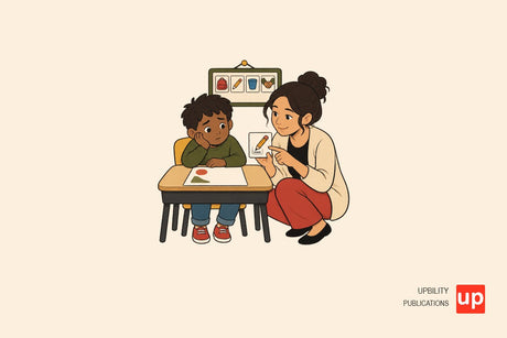 A teacher supports a child who is hesitating before a school task, using a small visual first-step card.