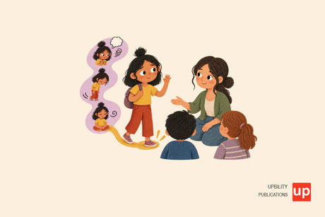 Illustrated child standing near a classroom group while a simple loop represents worry, avoidance, relief, and a supported next step.