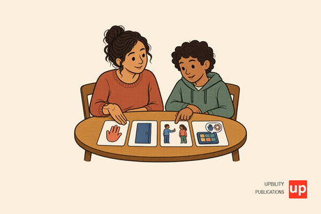 A parent or educator and a young person use visual cards about privacy, consent, and asking for help at a table.