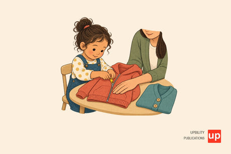 A young child and adult practising a jacket zipper together at a small table with a cardigan nearby.