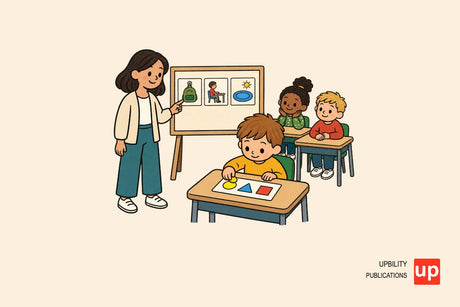Teacher pointing to a simple visual routine while students begin a short desk task in a calm classroom.