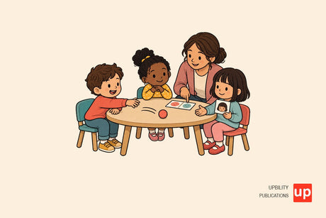 Three preschool children take turns rolling a soft ball while an adult points to a simple turn-order card.