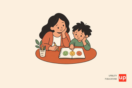 A parent and child quietly review a simple anxiety pattern chart together at a table.
