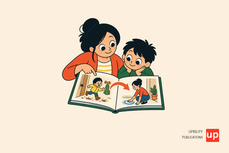 An adult and child look at a picture book with two connected story events shown by a curved arrow.